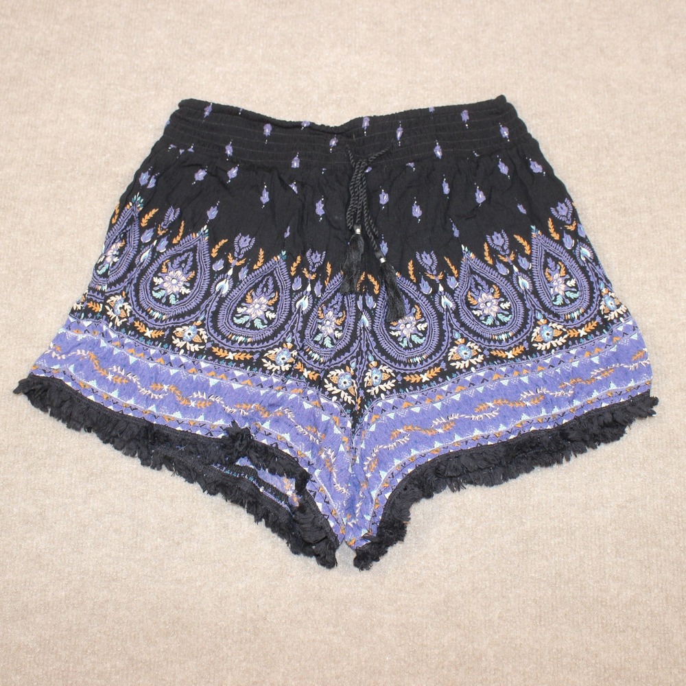 Mudd Womens Boho Paisley Fringe Shorts Black Purple Floral Tassel Rayon Medium